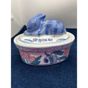 Vintage trinket bowl Signed Ben Rickert Porcelain Rabbit Nest blue chinoiserie